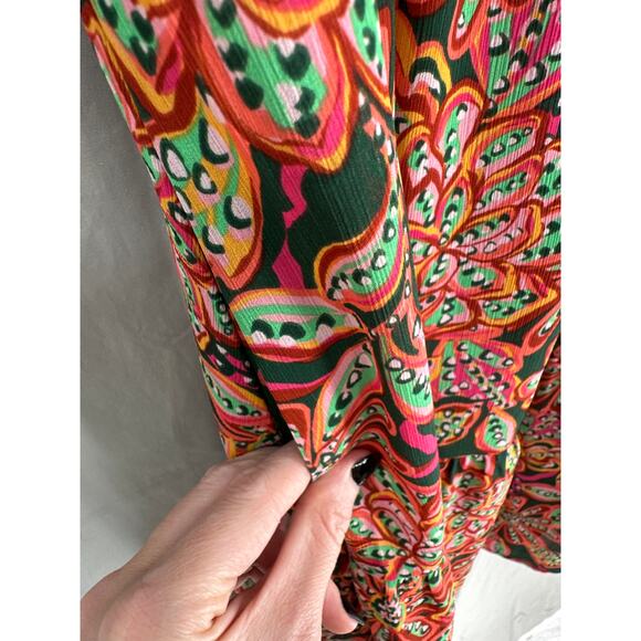 J Crew Dress Women 12 Green Floral Mini Pink Ruffle Tiered Pockets Bohemian - Picture 5 of 10